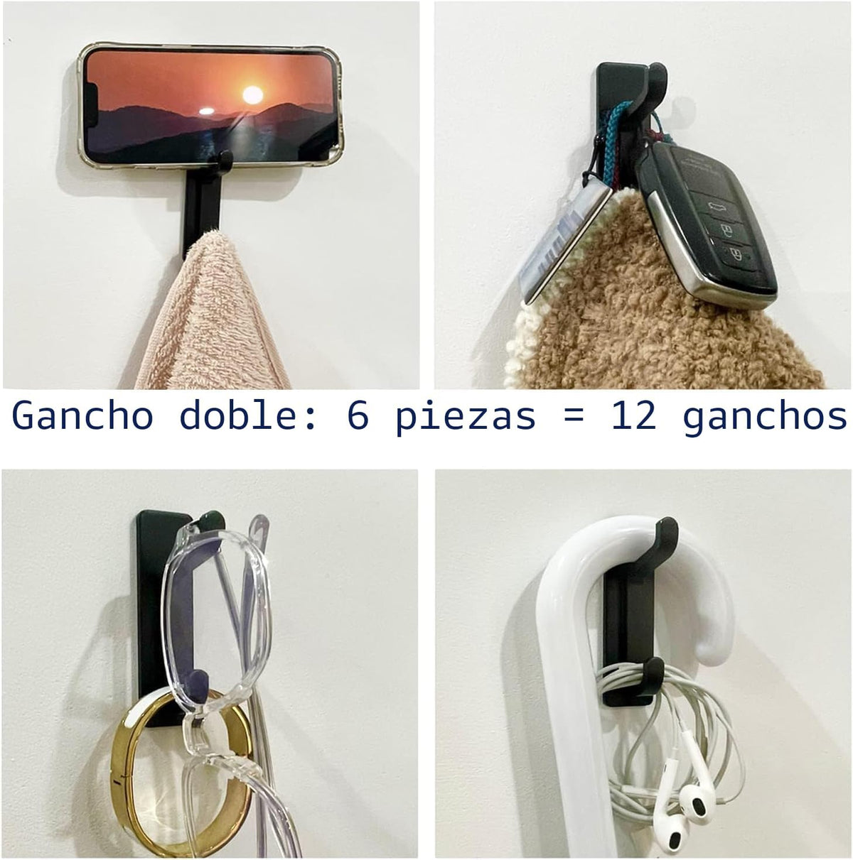 pickpiff Ganchos Adhesivos para Pared, Resistentes 6kg, Sin Taladrar, Impermeable, Colgadores para Baño Cocina Abrigos, Perchas Adhesivas de Acero Inoxidable, Negro, 6 Piezas