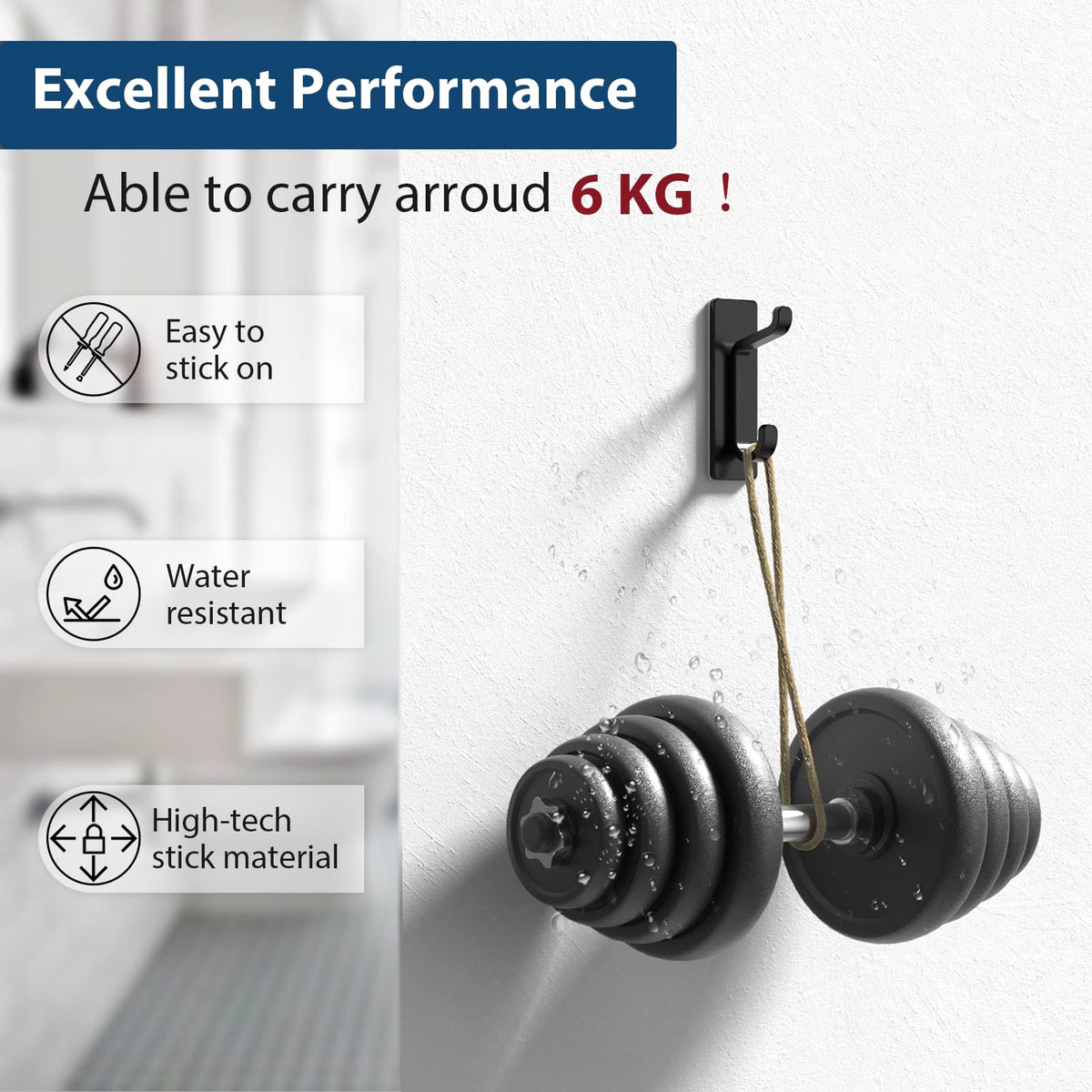 pickpiff Ganchos Adhesivos para Pared, Resistentes 6kg, Sin Taladrar, Impermeable, Colgadores para Baño Cocina Abrigos, Perchas Adhesivas de Acero Inoxidable, Negro, 6 Piezas