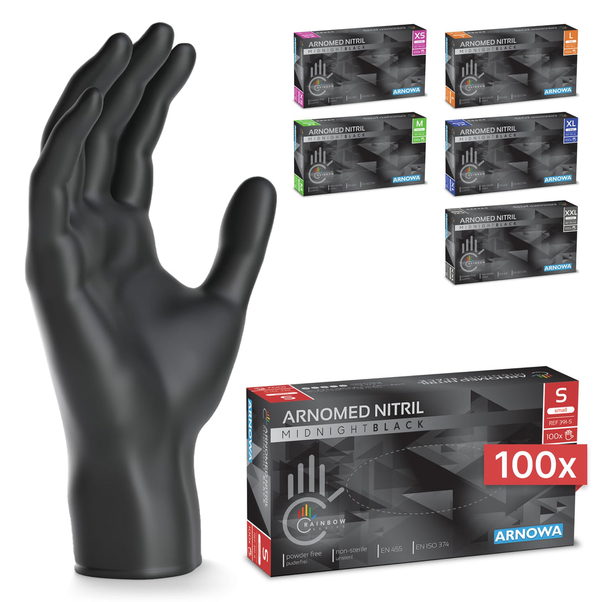 100x ARNOMED® Guantes nitrilo talla L Negro, Guantes desechables quirurgicos y laboratorio, Luvas nitrilo descartaveis sin polvo y látex, Manoplas nitrilo en XS, S, M, L, XL, XXL