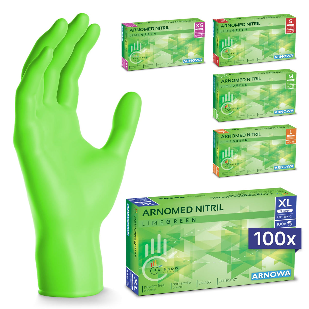 100x ARNOMED® Guantes nitrilo talla L Negro, Guantes desechables quirurgicos y laboratorio, Luvas nitrilo descartaveis sin polvo y látex, Manoplas nitrilo en XS, S, M, L, XL, XXL