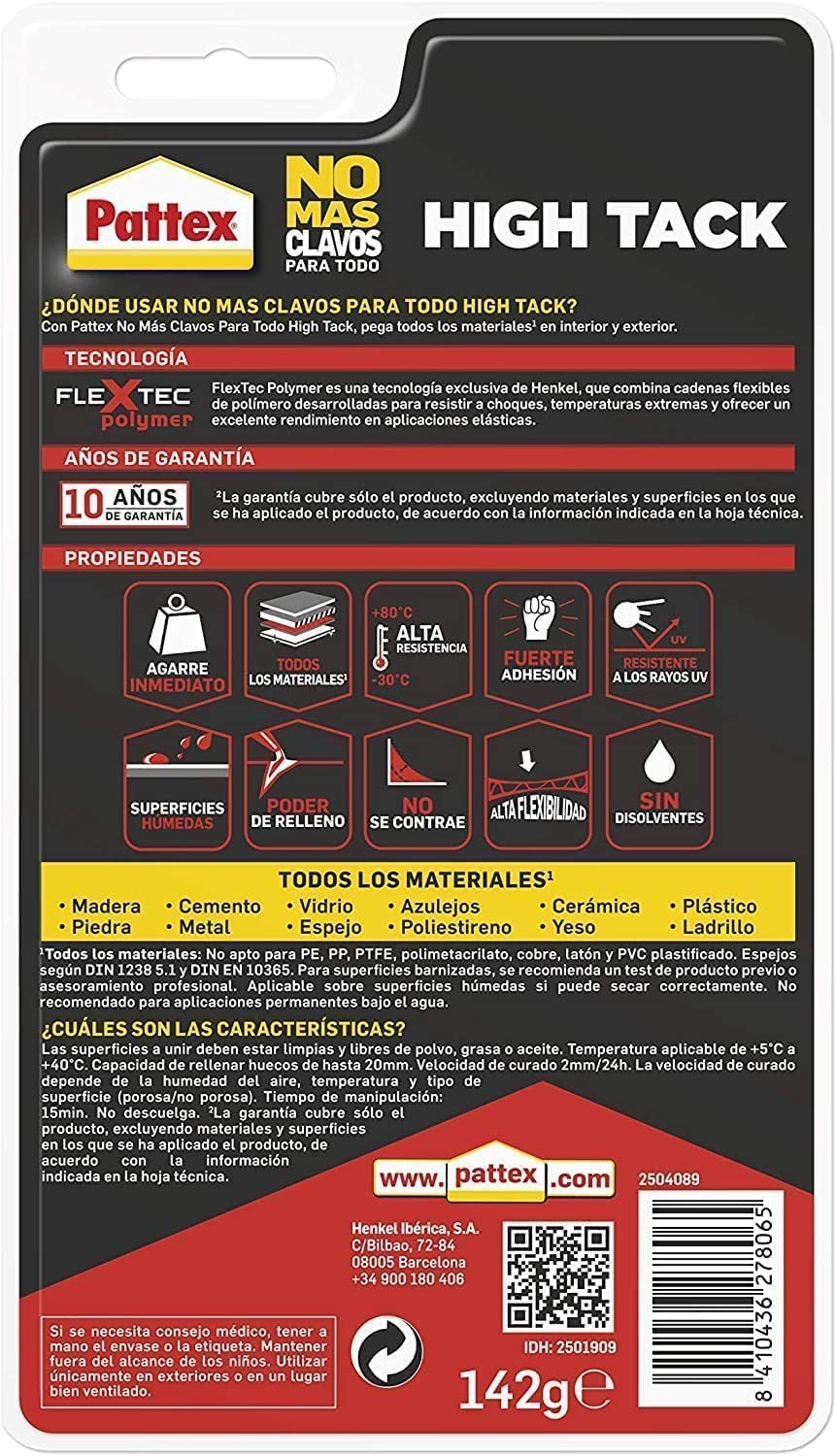 Pattex No Más Clavos Para Todo HighTack, adhesivo de montaje resistente a temperaturas extremas, pegamento fuerte en superficies húmedas, adhesivo blanco, 1 tubo x 142 g