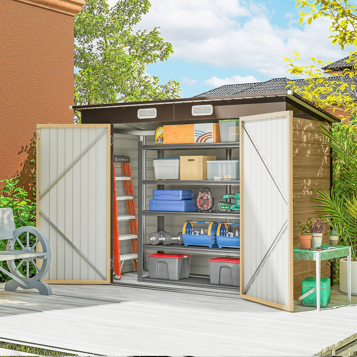 Abri de Jardin en Métal 3 m² Facile à Monter, Cabane de Jardin Structure en Acier Galvanisé Améliorée, Chêne