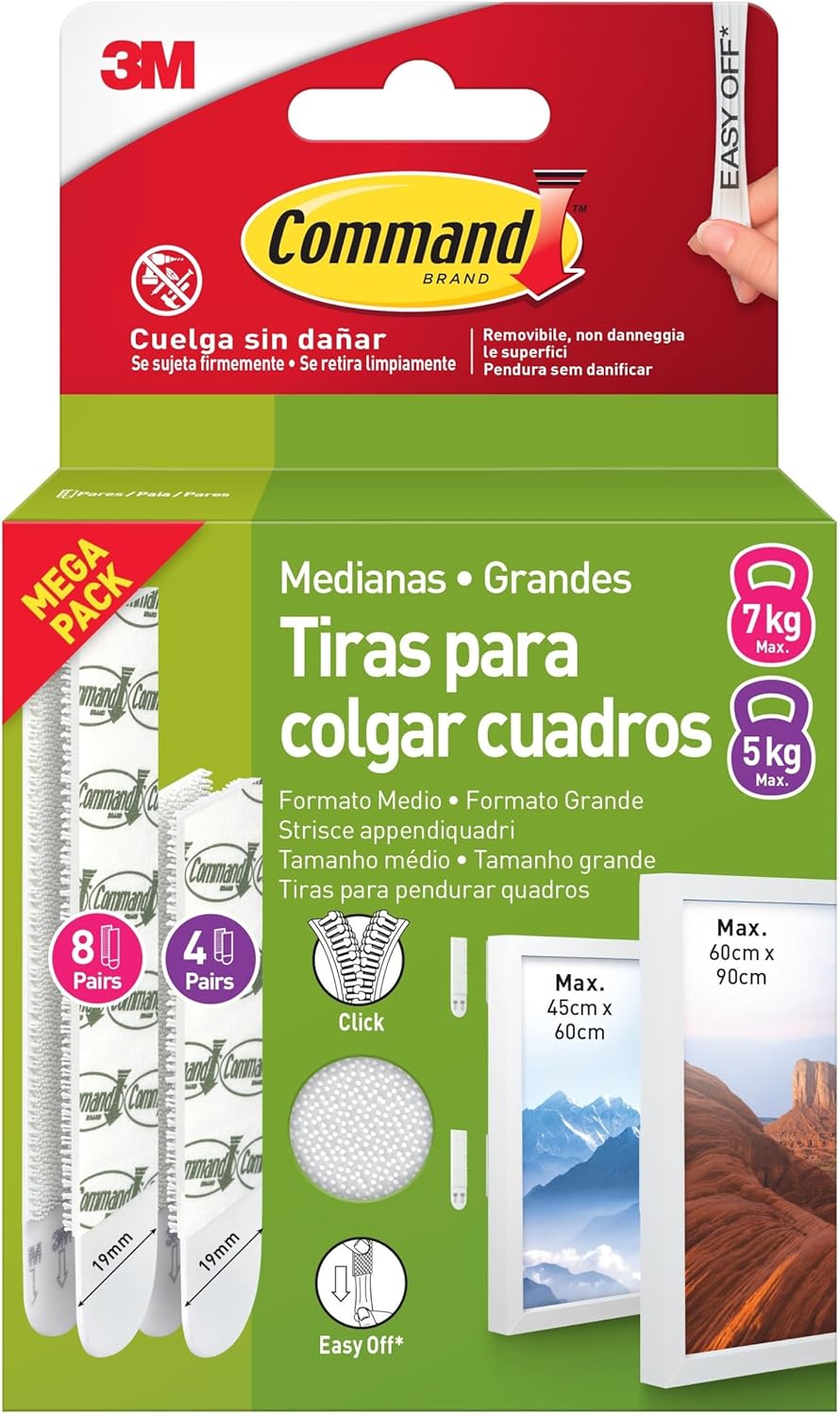 Command Tiras Adhesivas para Colgar Cuadros, 8 pares Grandes/4 pares Medianas, Blancas - Para Marcos, Espejos, Letreros, o Relojes de Pared - Colgar Sin Agujeros y Sin Taladrar