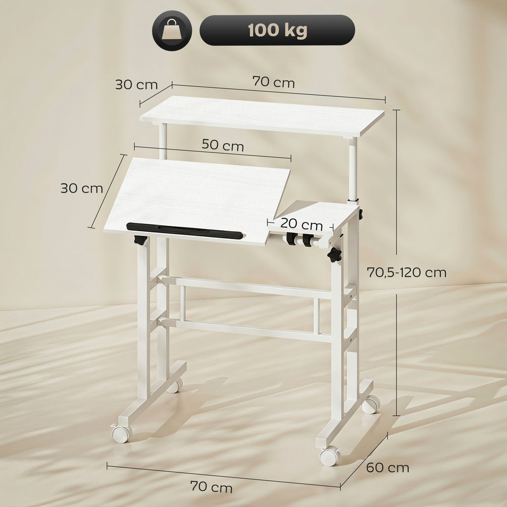 Bureau Assis-Debout, Bureau Réglable en Hauteur 70 x 60 cm, à Roulettes avec Plateau Inclinable, 70x60x70,5-120cm, Blanc
