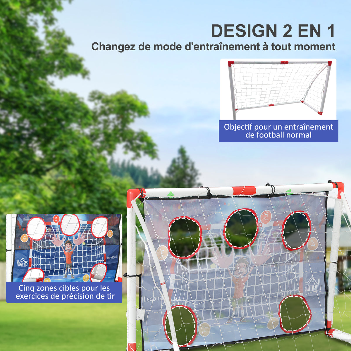 Cage de handball enfant exterieur but 5 zones cibles ballon de handball gonflable pompe 116 x 48 x 76 cm blanc