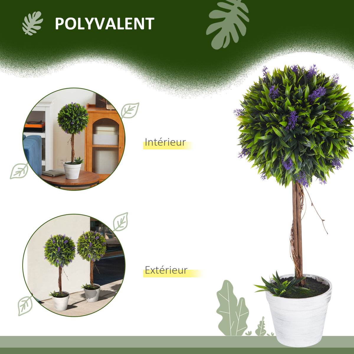 Lot de 2 plantes Artificielles avec fleurs de lavande, tronc et pot inclus - hauteur 60 cm vert