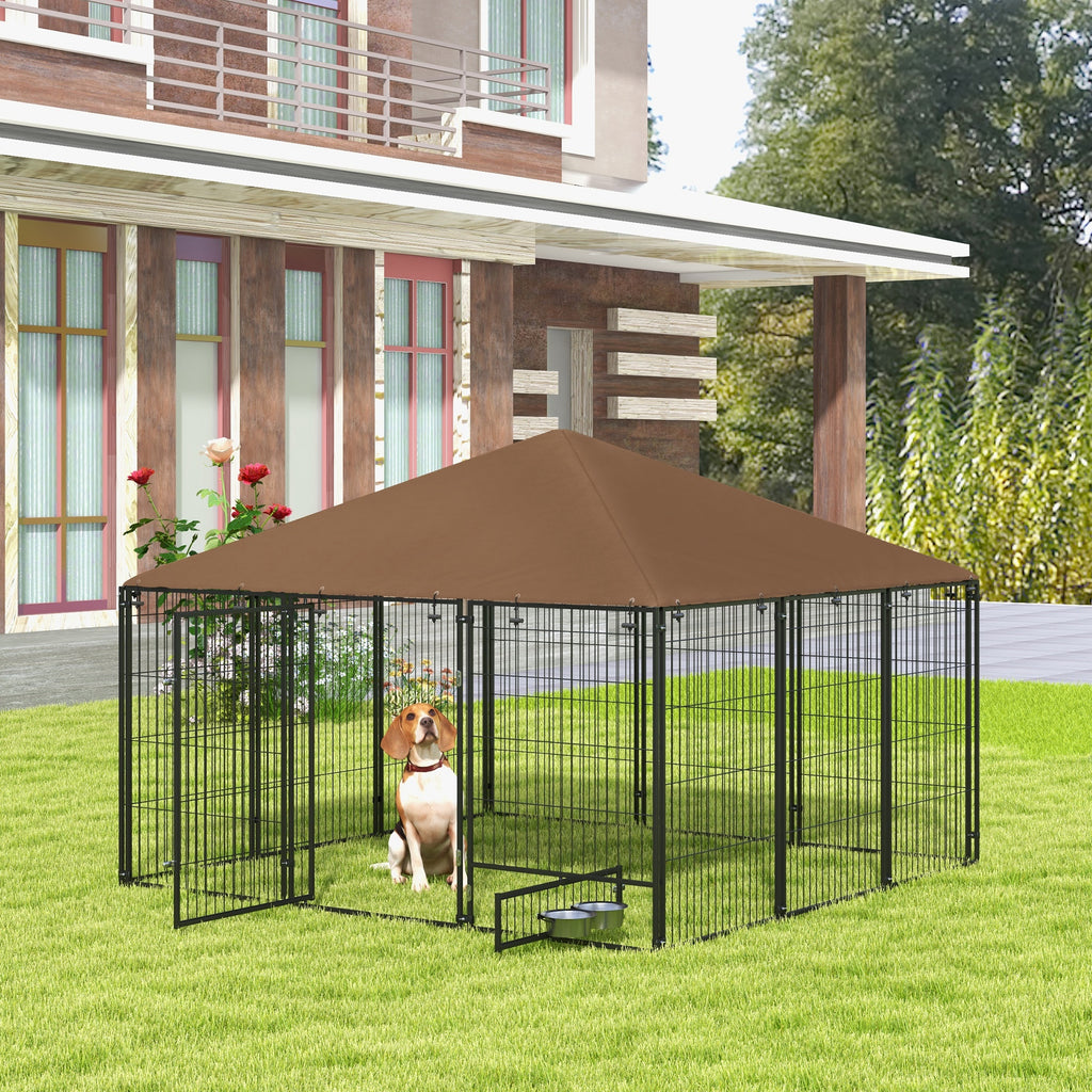Chenil extérieur pour chiens en acier et tissu Oxford avec support gamelle toit 211 x 211 x 151 cm noir et café