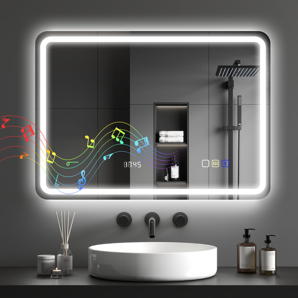 Miroir salle de bain Bluetooth avec éclairage LED 50 x 70 cm, miroir lumineux mural avec horloge, antibuée, argenté