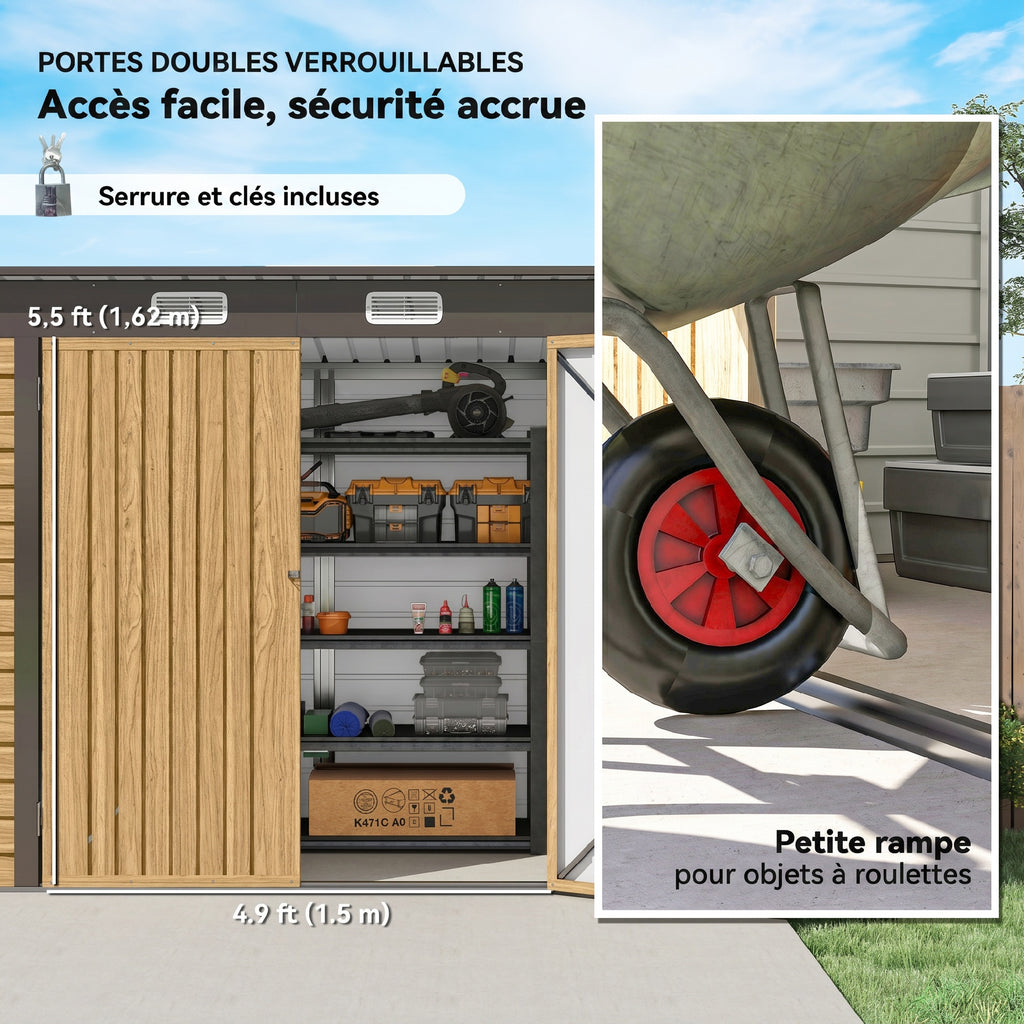 Abri de Jardin en Métal 3 m² Facile à Monter, Cabane de Jardin Structure en Acier Galvanisé Améliorée, Chêne
