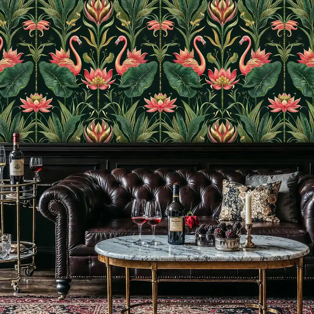 Tropical Flamingos and Lotus Garden Wallpaper