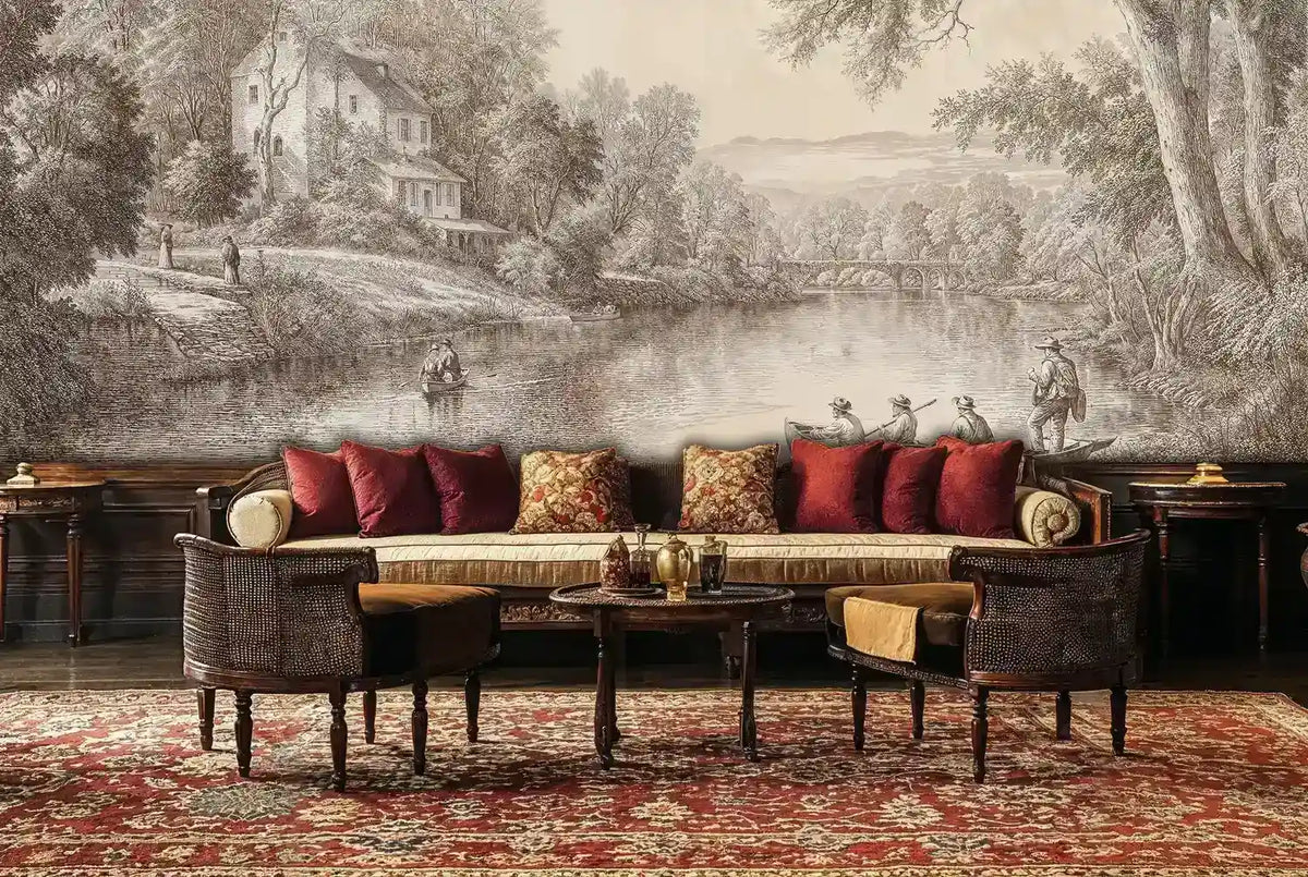 Pastoral River Landscape Wall Mural in Beige and Brown