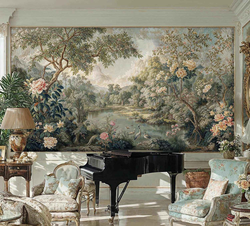 Chinoiserie Crane Garden Landscape Wall Mural