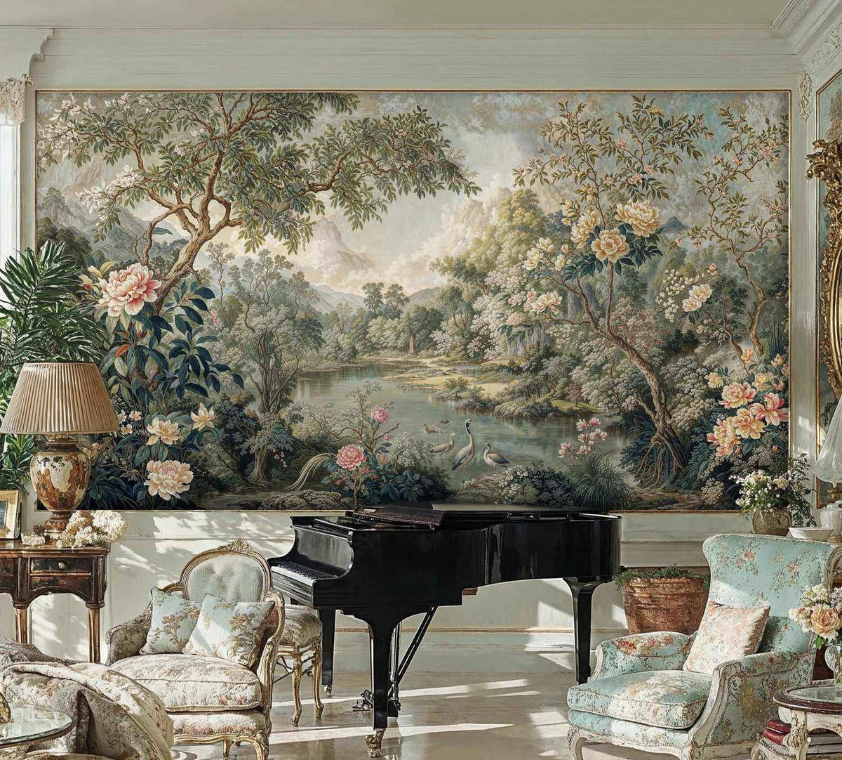 Chinoiserie Crane Garden Landscape Wall Mural