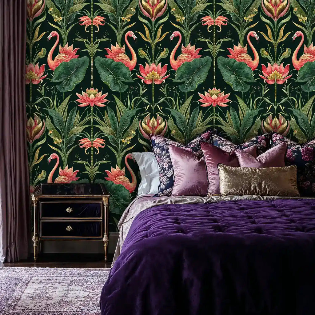 Tropical Flamingos and Lotus Garden Wallpaper