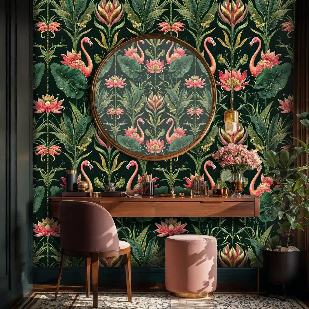 Tropical Flamingos and Lotus Garden Wallpaper