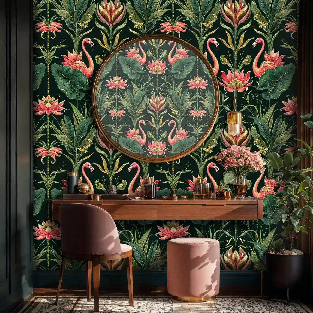 Tropical Flamingos and Lotus Garden Wallpaper