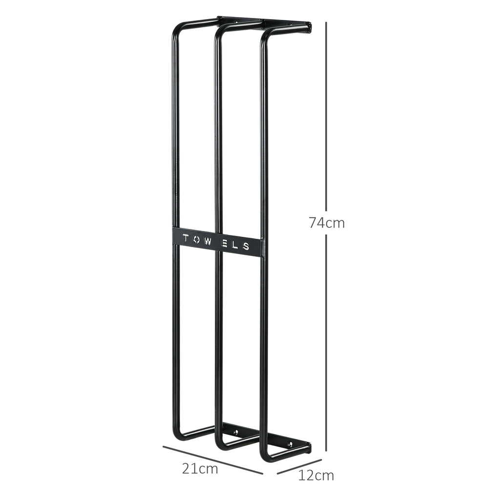 Porte serviettes mural 3 barres en métal noir - peut contenir jusqu'à 6 serviettes, dim. 21l x 12P x 74H cm