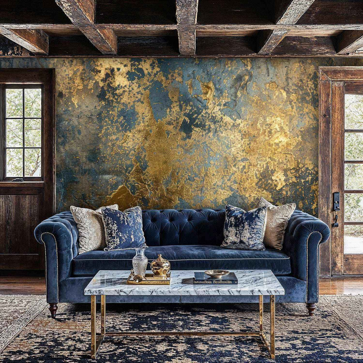 Gilded Abstract Wall Mural in Gold and Deep Blue