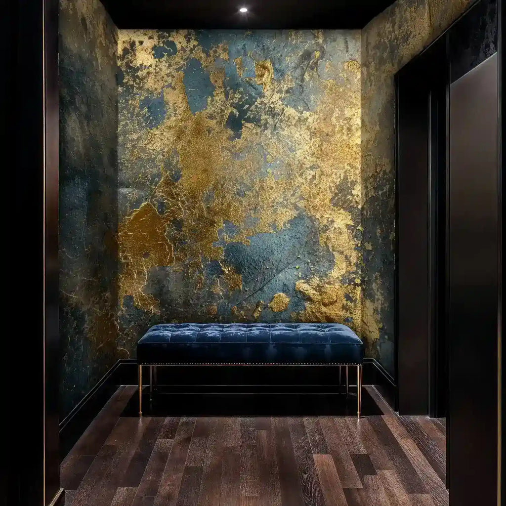 Gilded Abstract Wall Mural in Gold and Deep Blue