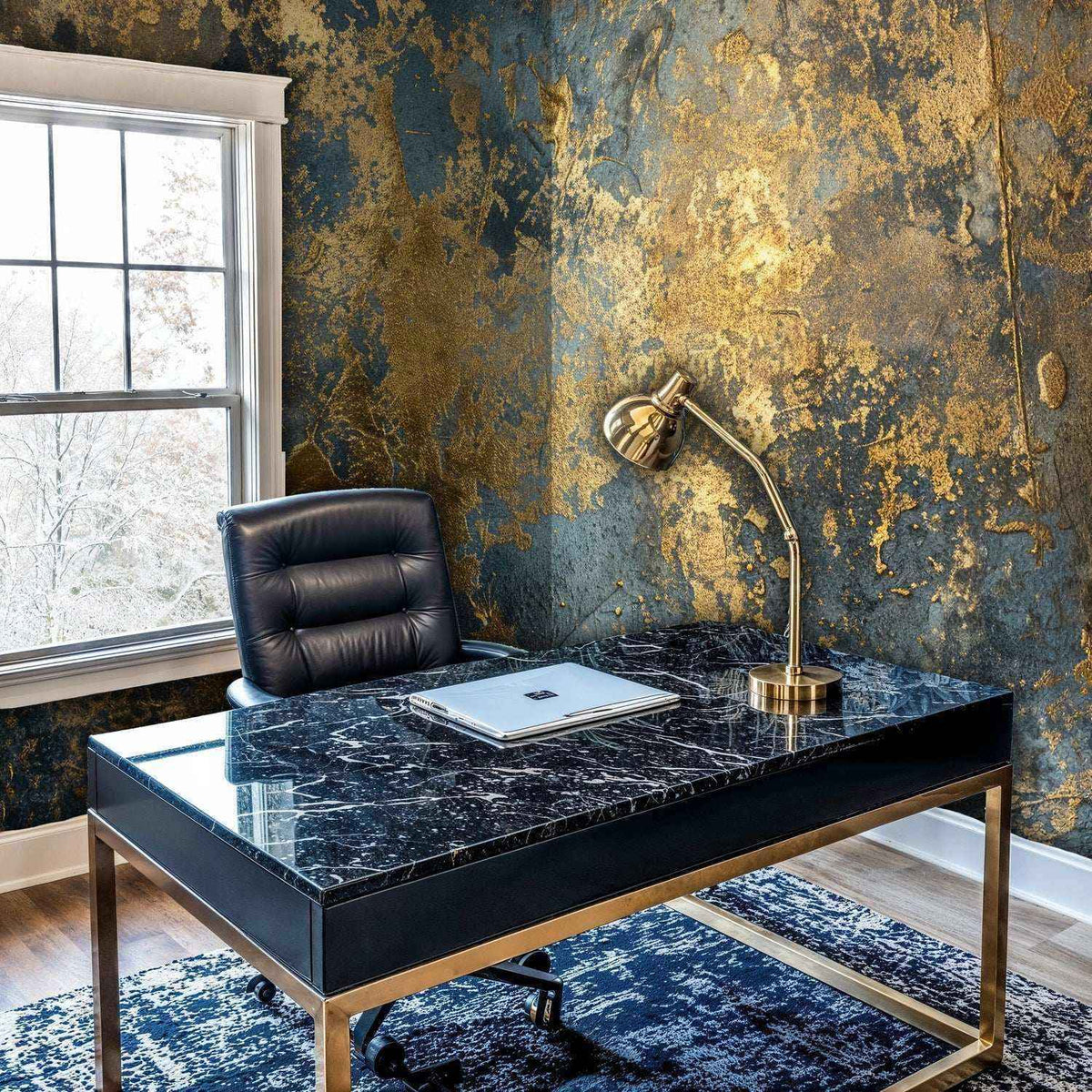 Gilded Abstract Wall Mural in Gold and Deep Blue