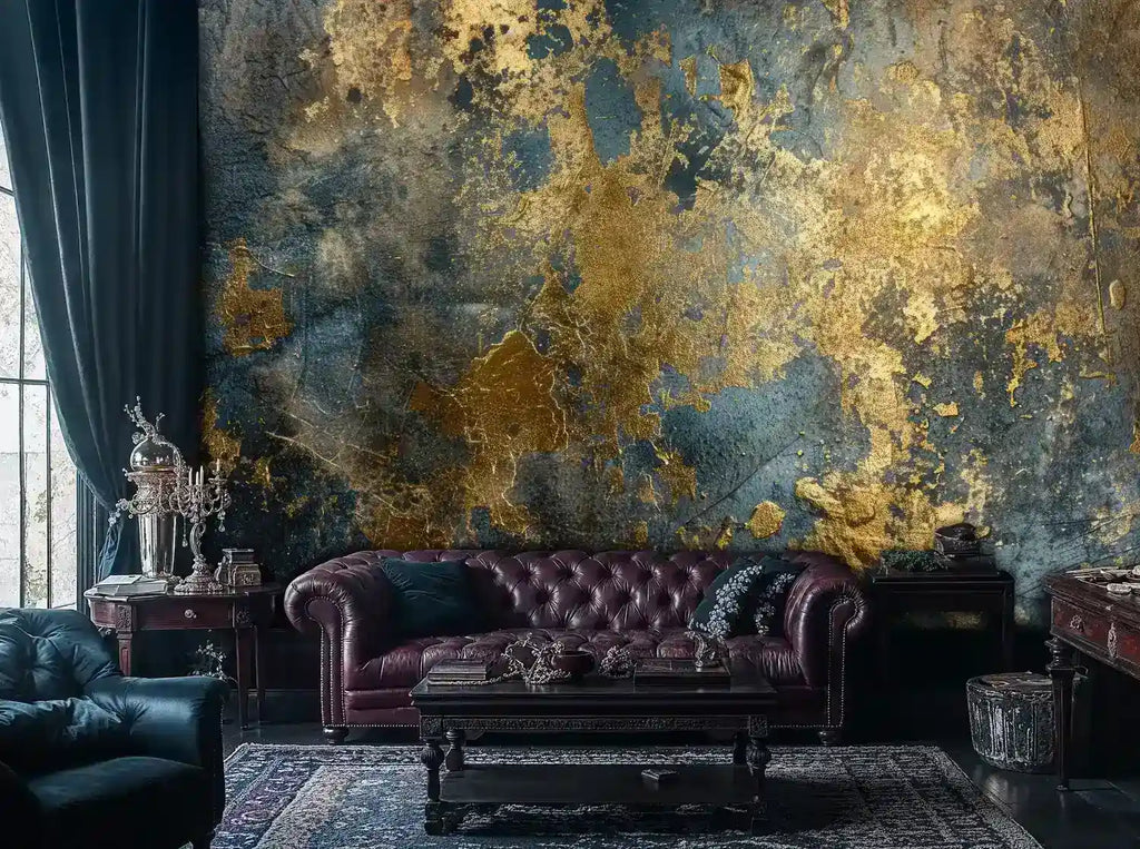 Gilded Abstract Wall Mural in Gold and Deep Blue