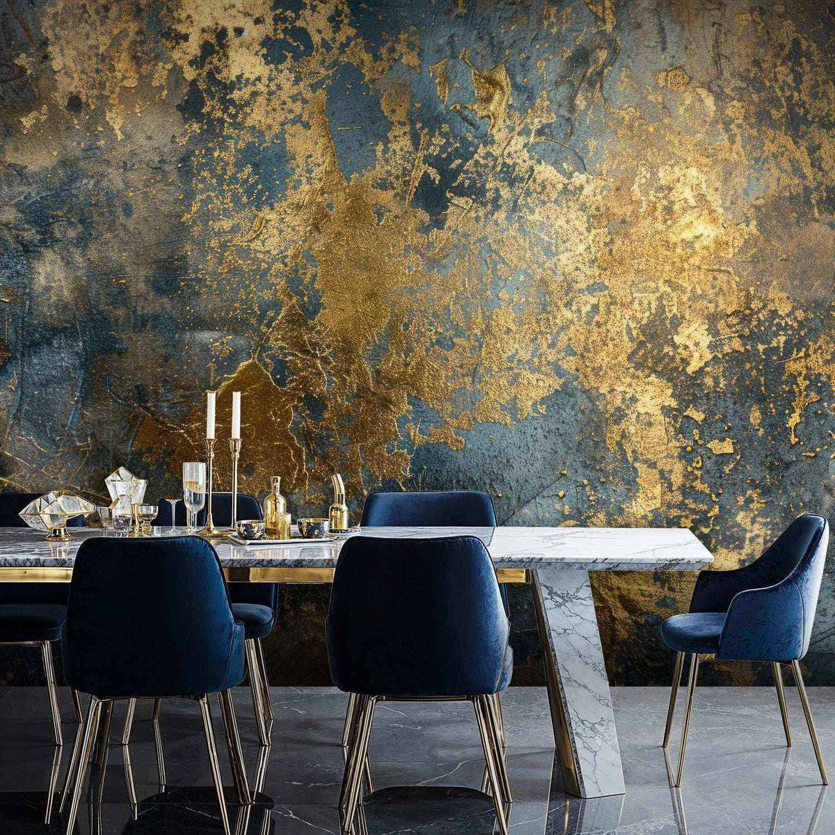 Gilded Abstract Wall Mural in Gold and Deep Blue