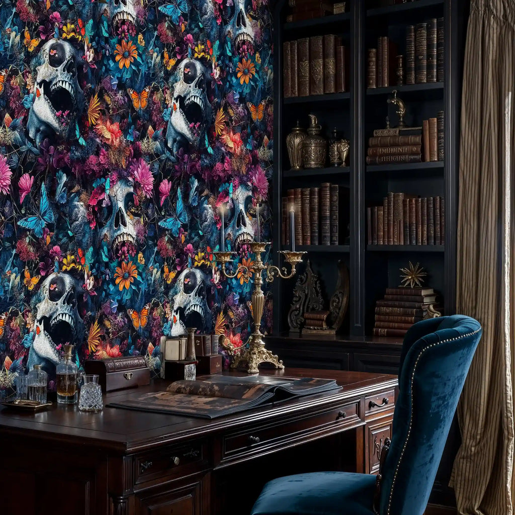 Gothic Skulls and Botanical Blooms Wallpaper
