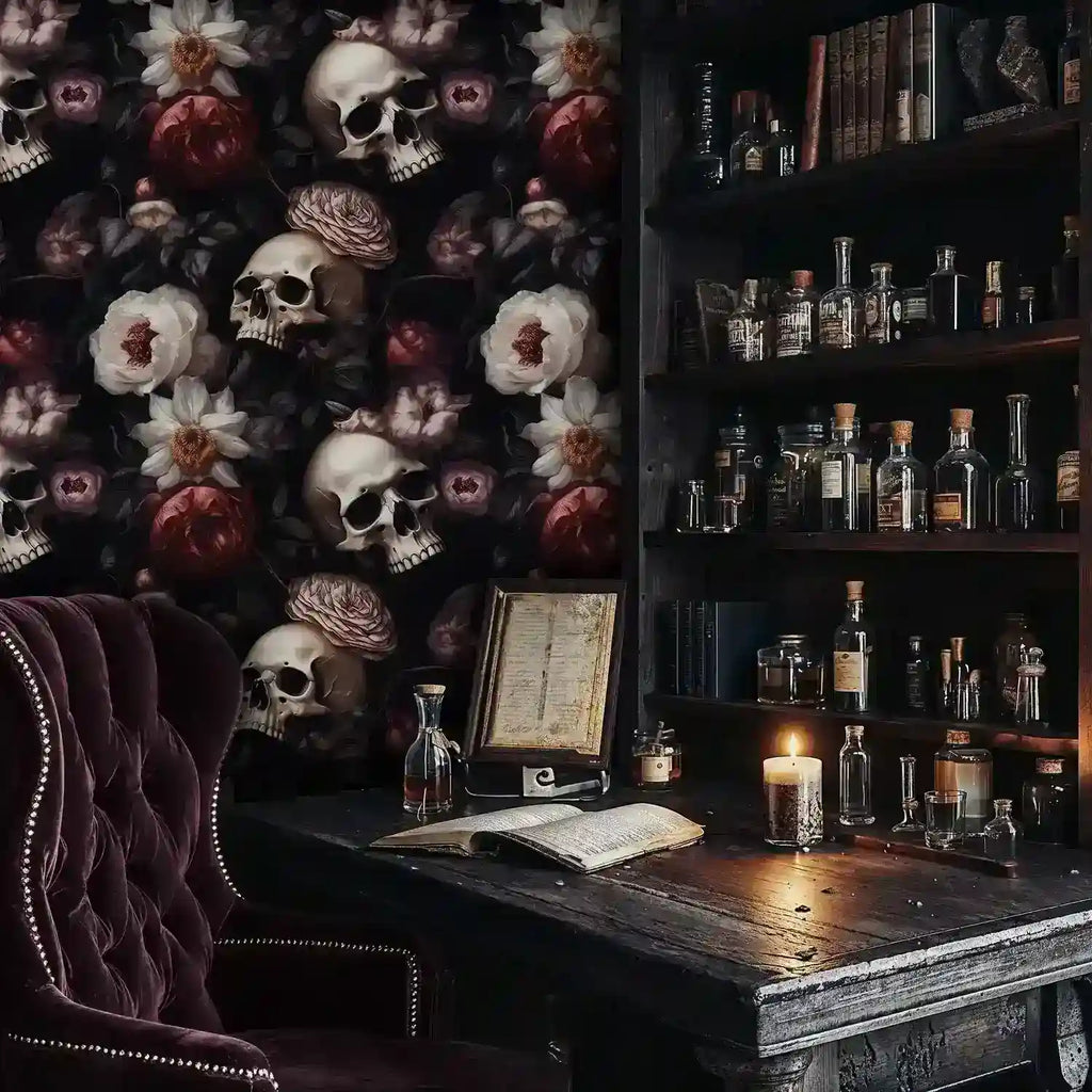 Gothic Skulls and Peonies Wallpaper