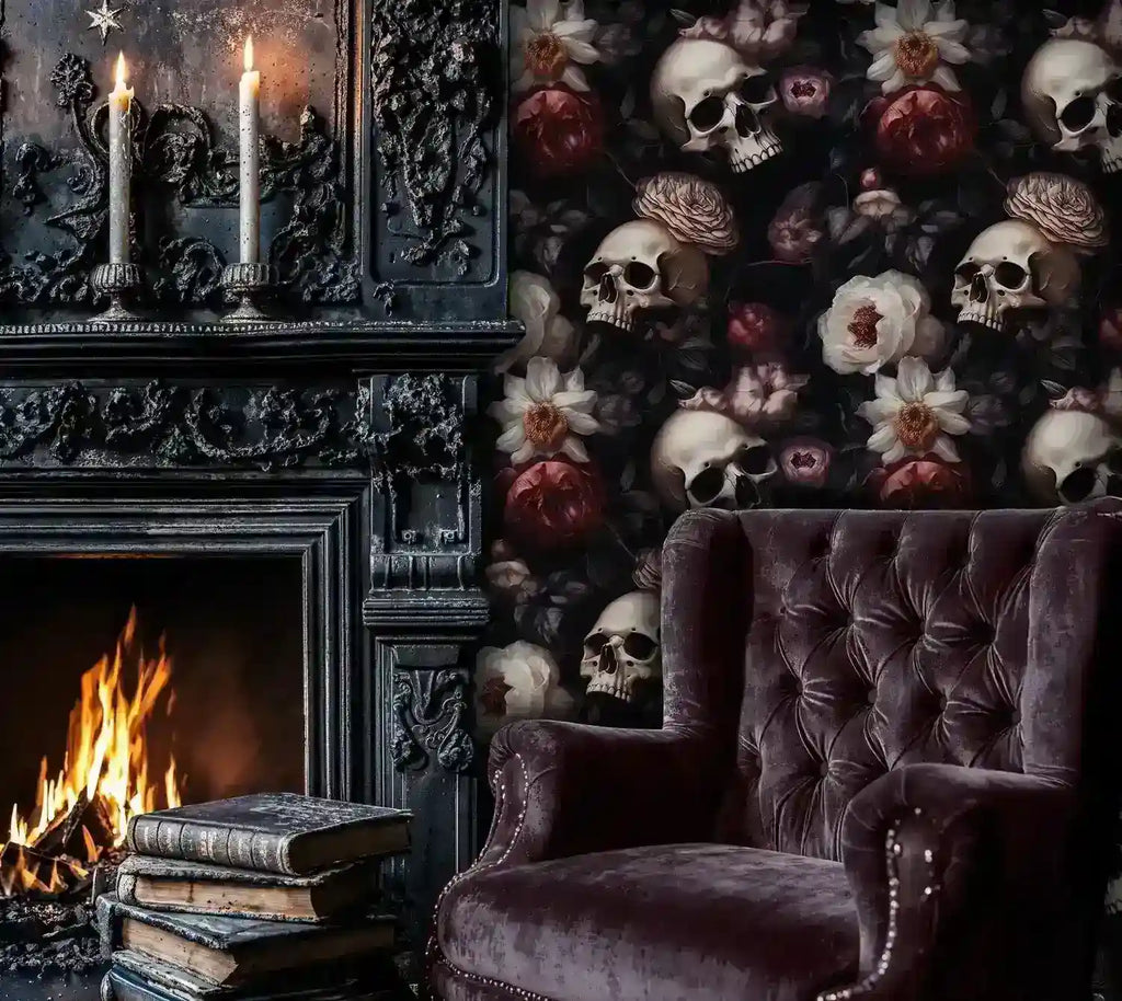 Gothic Skulls and Peonies Wallpaper