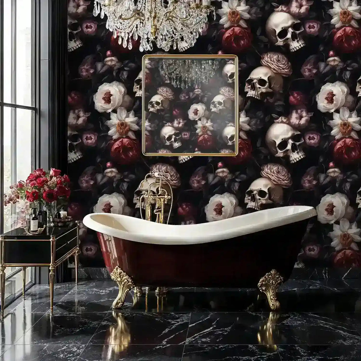 Gothic Skulls and Peonies Wallpaper