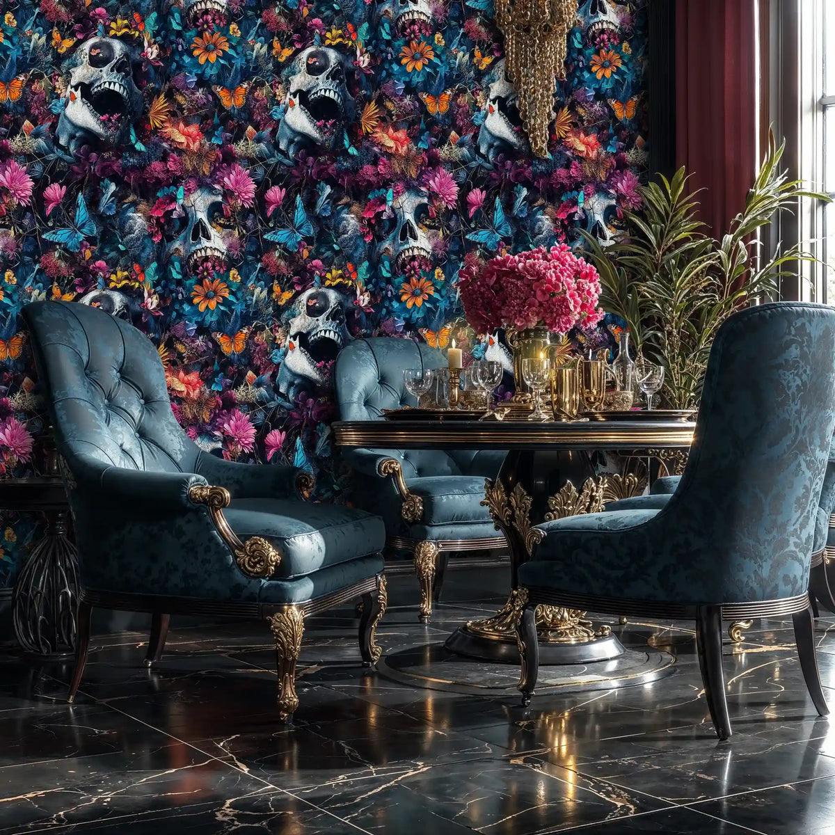 Gothic Skulls and Botanical Blooms Wallpaper