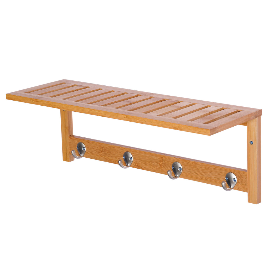 Porte-manteau mural penderie murale étagère 50L x 16l x 17,5H cm 4 patères kit fixation fourni bambou naturel