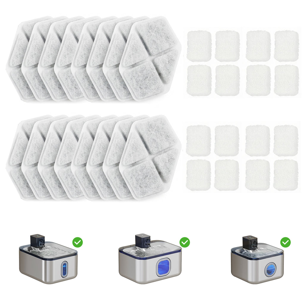 16 pcs Filtre Fontaine Eau Chat, Distributeur d'Eau filtrante pour Chat et Chien, Triple Système de Filtration, Blanc