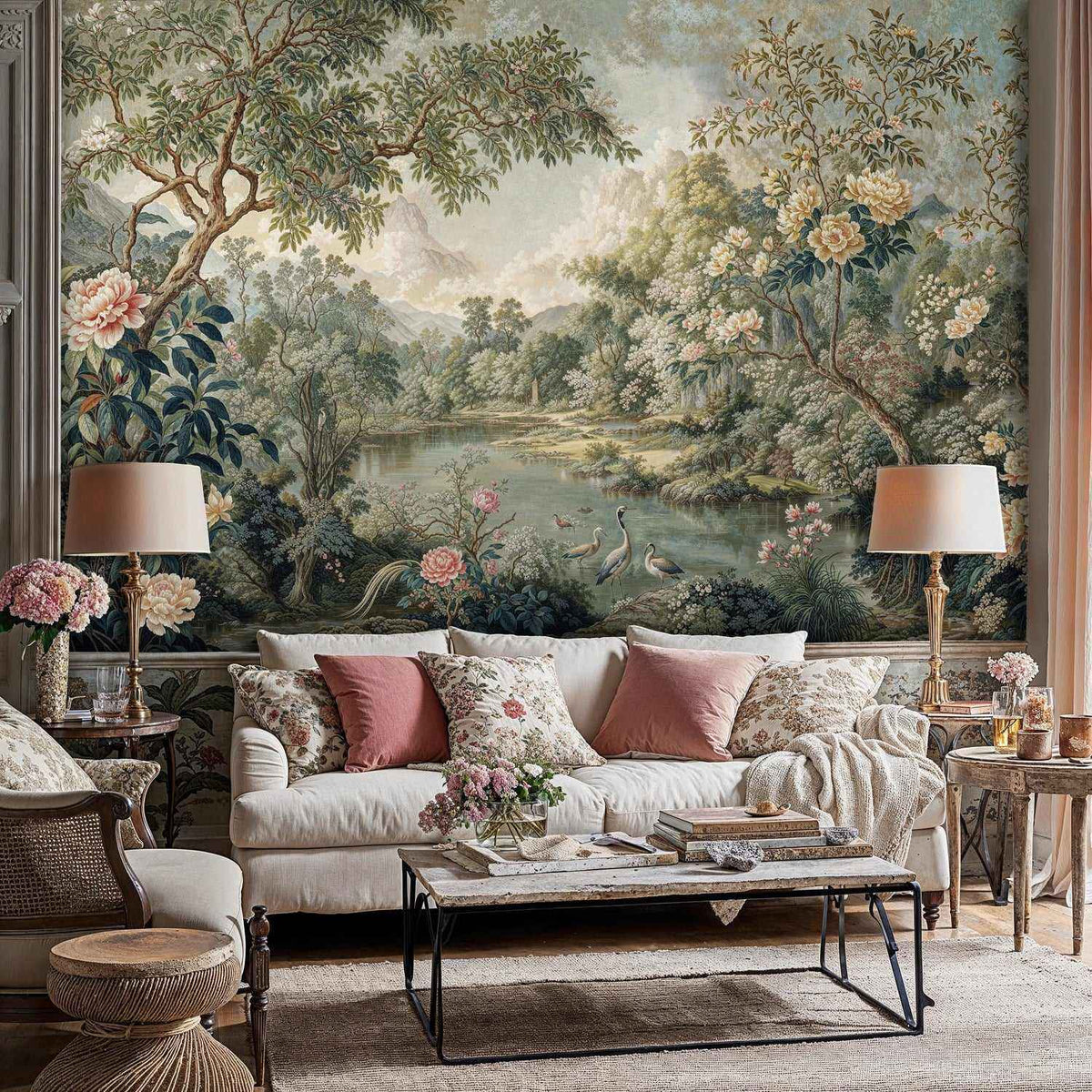 Chinoiserie Crane Garden Landscape Wall Mural