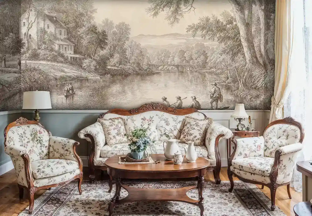 Pastoral River Landscape Wall Mural in Beige and Brown