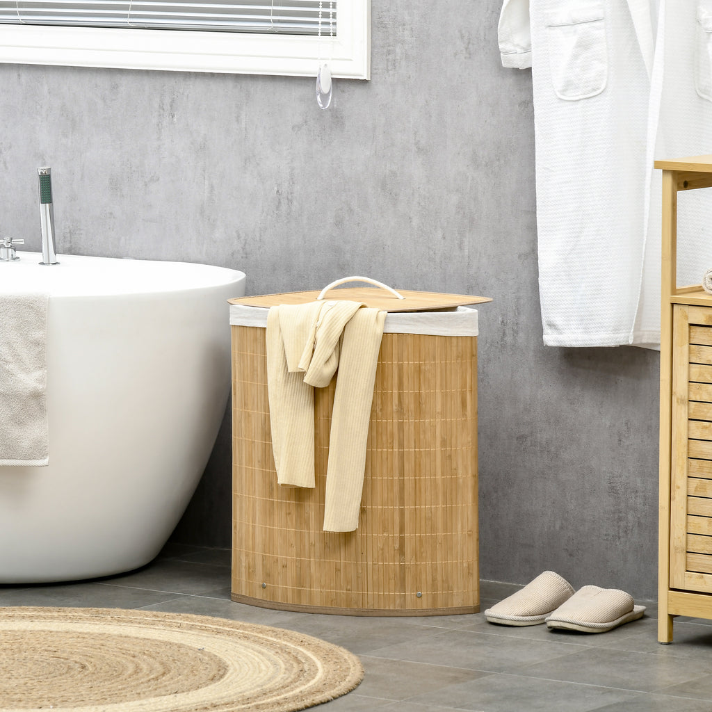 Panier à linge en bambou d'angle 55L avec couvercle et sac amovible 38 x 38 x 57 cm bois naturel