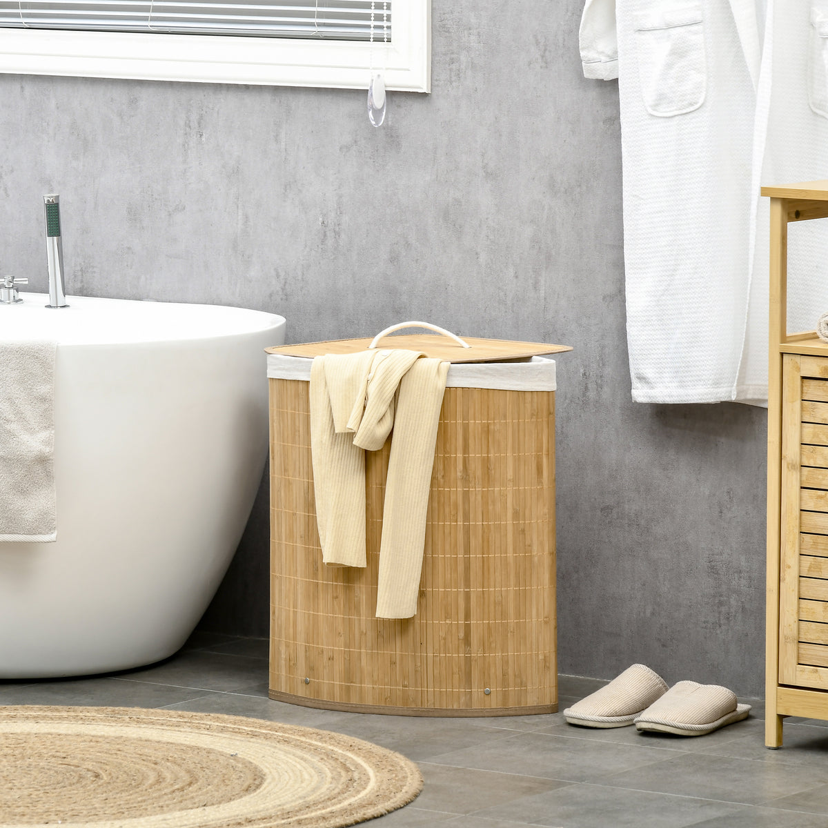 Panier à linge en bambou d'angle 55L avec couvercle et sac amovible 38 x 38 x 57 cm bois naturel