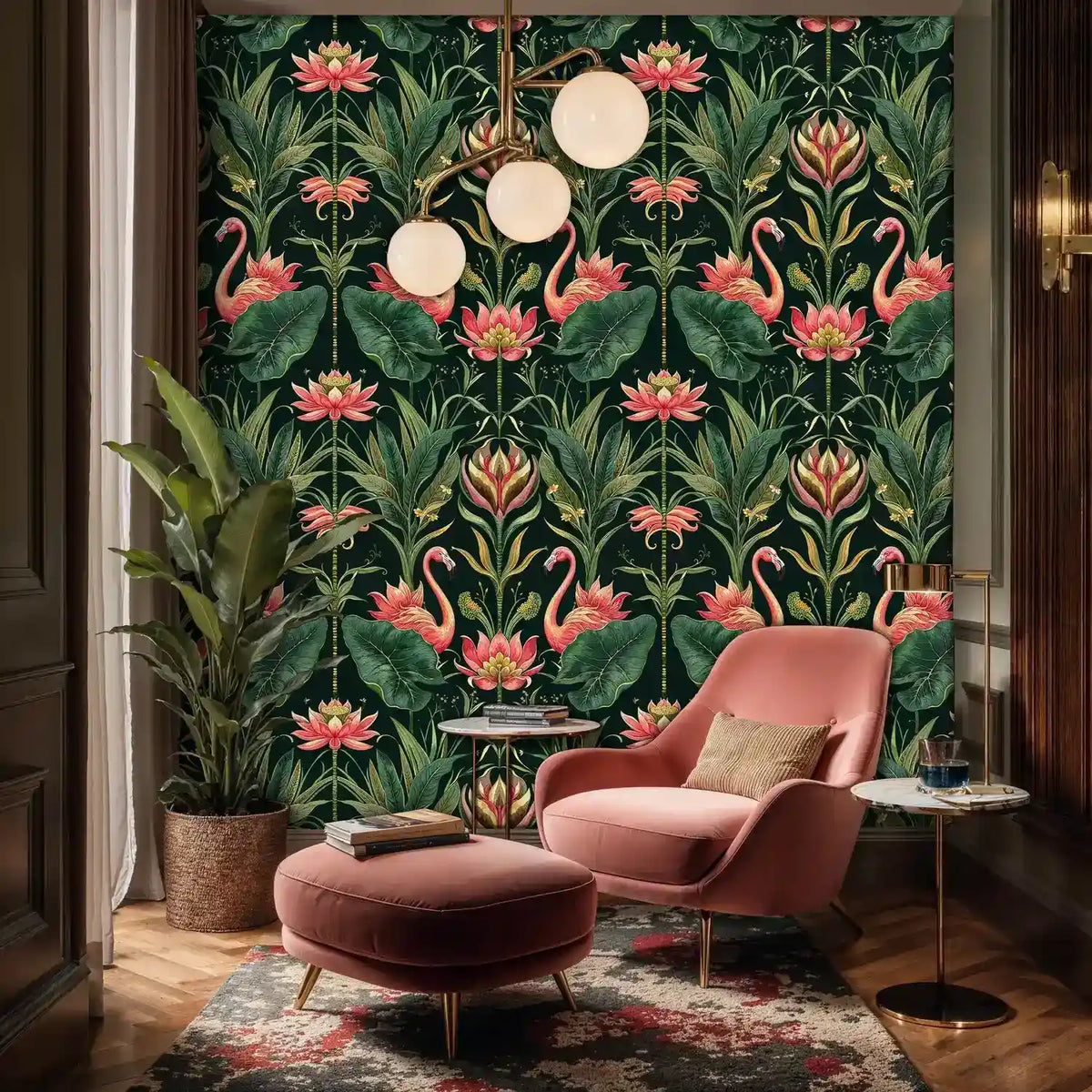 Tropical Flamingos and Lotus Garden Wallpaper