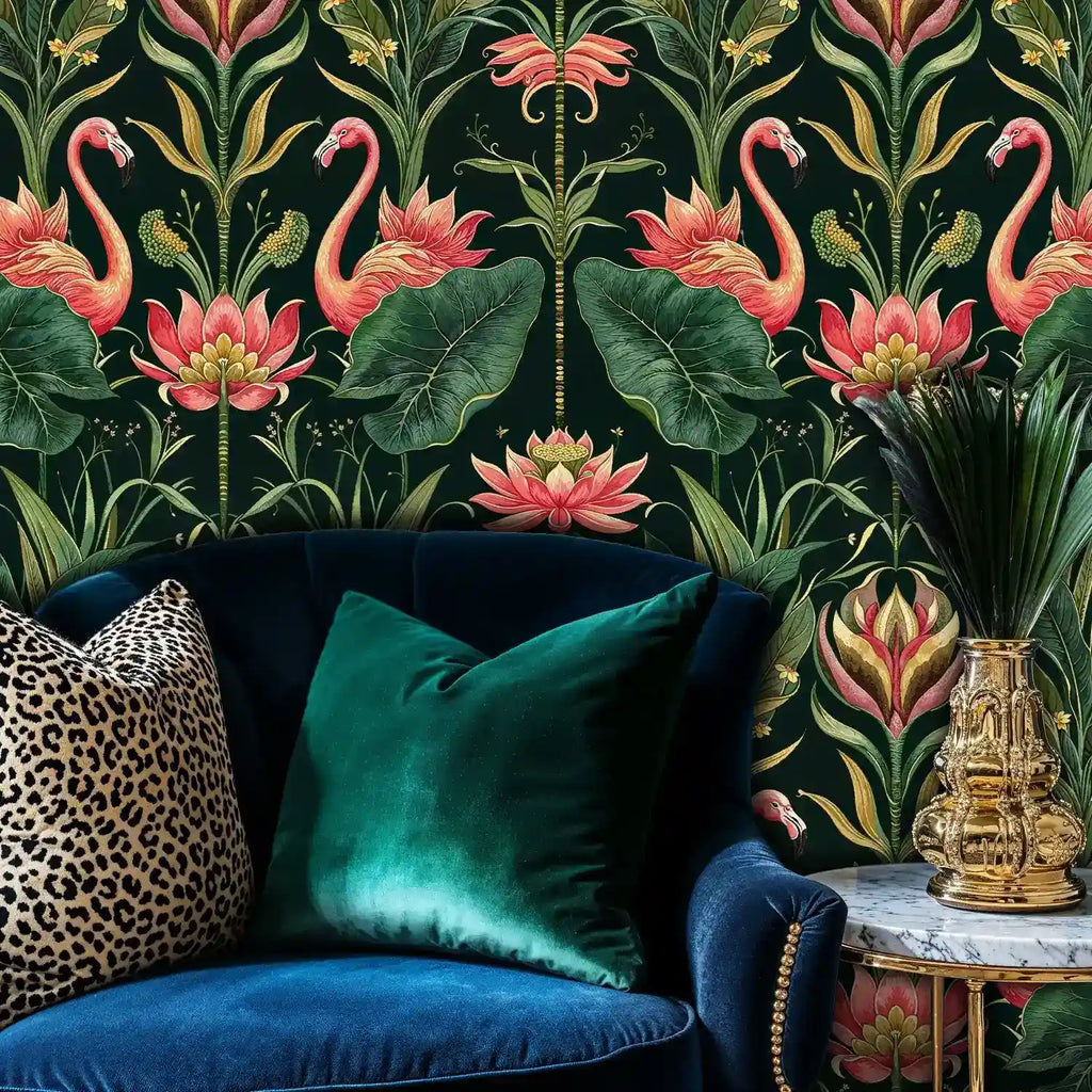 Tropical Flamingos and Lotus Garden Wallpaper