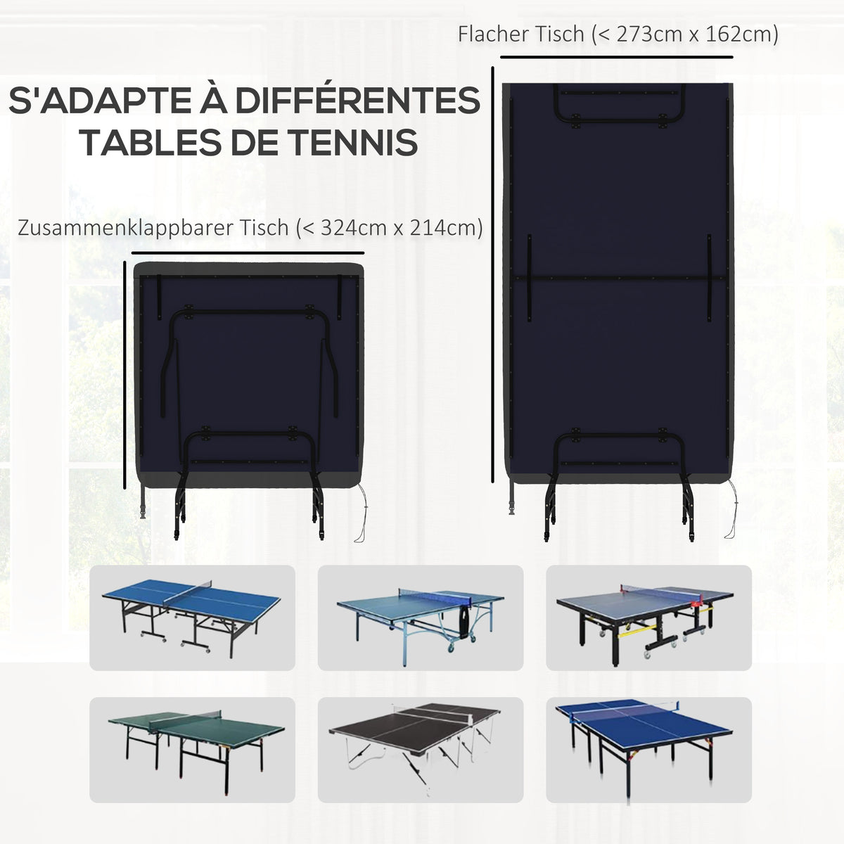 Housse de table de tennis de table ping-pong avec fermeture éclair anti-UV et housse imperméable Noir