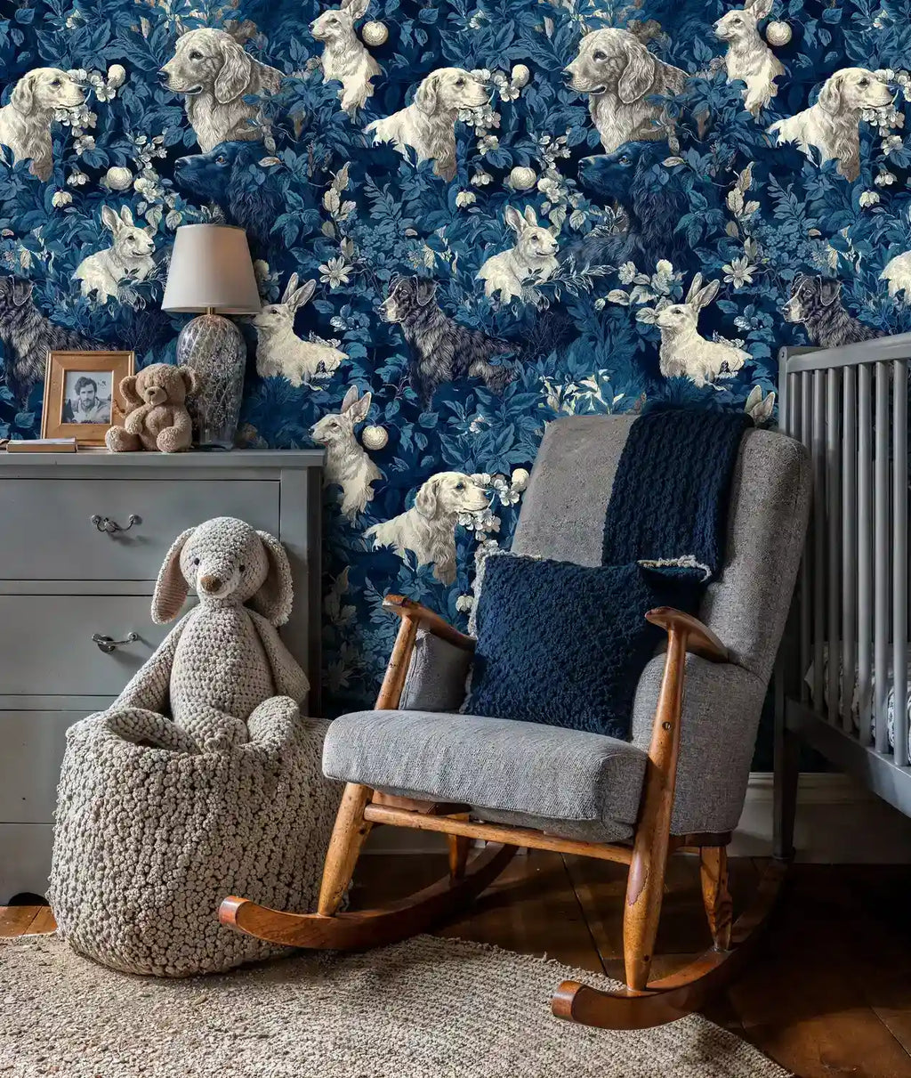 Woodland Dogs and Rabbits Botanical Wallpaper