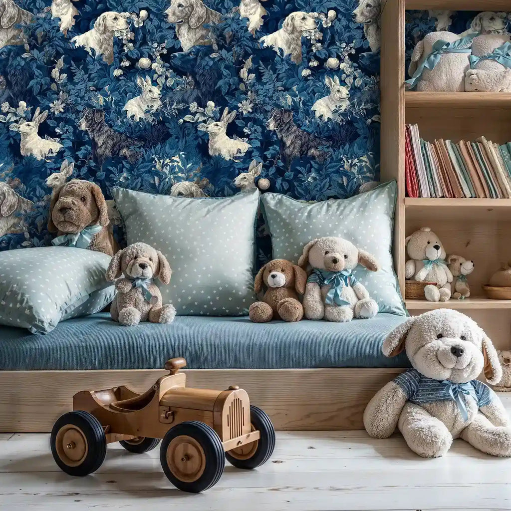 Woodland Dogs and Rabbits Botanical Wallpaper
